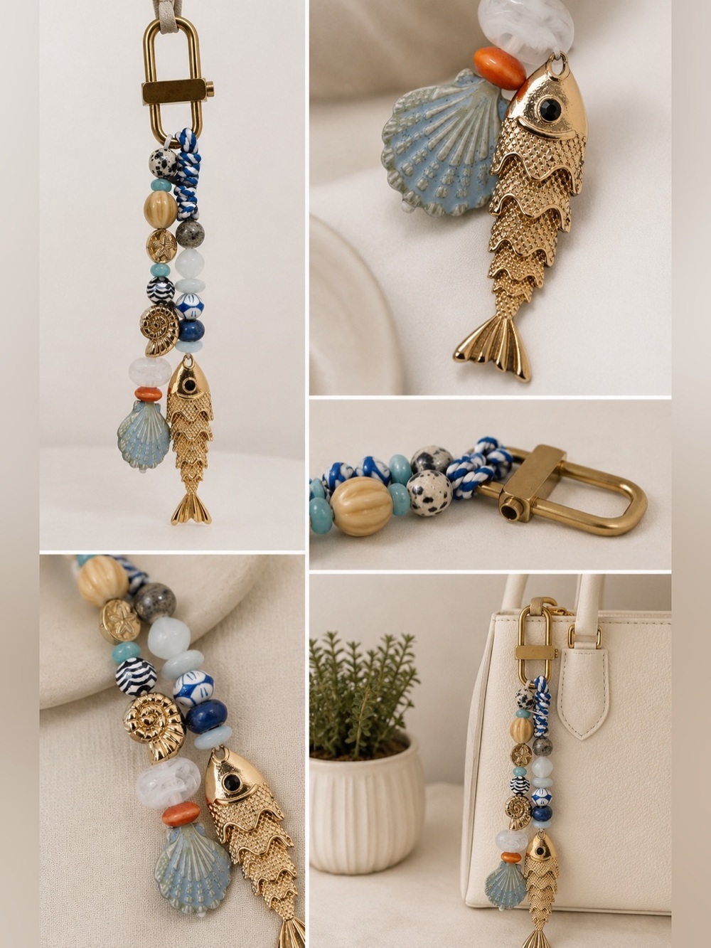 Piper K | Ceramic Dalmatian Jasper Coastal Summer Fish Bag Charm w/Dbl Snap Hook